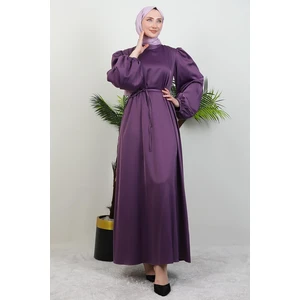 Giza Store Ince Kuşaklı Saten Elbise Koyu Lila