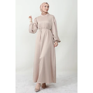 Giza Store Ince Kuşaklı Saten Elbise Bej