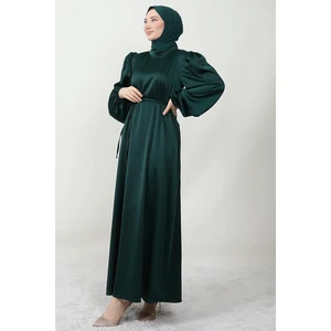 Giza Store Ince Kuşaklı Saten Elbise Zümrüt