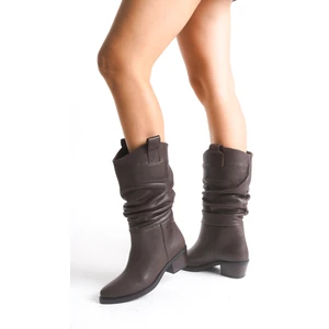 Kahverengi Deri Kadın Çizme Western Kovboy Piliseli Kaymaz Taban Kalın Topuklu Dina