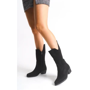 Siyah Süet Kadın Çizme Western Kovboy Diz Altı Kaymaz Taban Kalın Topuklu Annabel