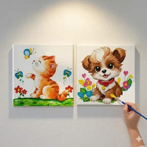 Dudu Ahşap Anaokulu İlkokul Etkinliği 2'li Tuval Boyama Seti 20 x 20 cm Uv Baskı + 6 Akrilik Boya + 1 Fırça Model 07