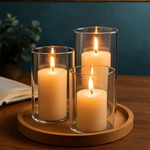 3'lü Cam Vazo Silindir Mumluk Seti, Dekoratif Üçlü Cam Mumluk Seti, Modern Cam Mumluk Takımı
