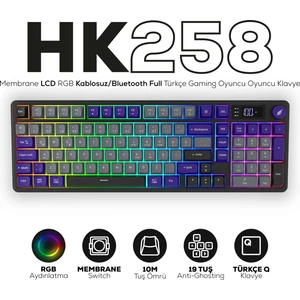 Hawk Gaming HK258 Membrane LCD Rgb Kablosuz/bluetooth Gri Mor Full Türkçe Gaming Klavye