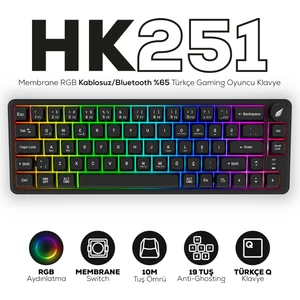 Hawk Gaming HK251 Membrane Rgb Kablosuz/bluetooth Siyah %65 Türkçe Gaming Klavye