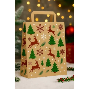 5 Adet 27X12X32 Hediye Kutusu Çantası Yılbaşı Temalı Flat Saplı Kraft Çanta