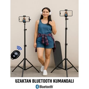 Bluetooth Kumandalı 210 cm Tripod Telefon Tutuculu Selfie Çubuğu Telefon, Kamera ve Lamba Tripodu