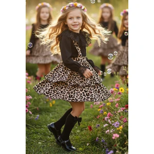 Kız Çocuk Helen Leopar Desenli Askılı Kat Kat Bağlama Jile Elbise Dantel Detay Uzun Kollu Bluz Takım TKM-0190.57