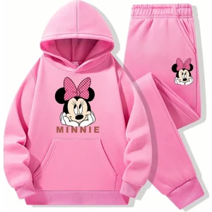 Punix Kids Punıx Kıds Özel Seri Kapüşonlu Sevimli Pembe Kurdeleli Minnie Baskılı Kışlık Kız Çocuk Eşofman Takımı