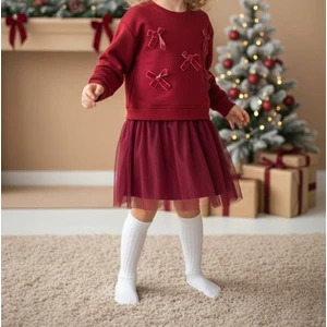 BeU Kids Kız Çocuk Tüllü ve pamuk astarlı Kadife Fiyonklu Kırmızı Sweetshirt Elbise %100 Pamuk Fırçalı Kumaş 3 Iplik Kışlık 2-8 Yaş