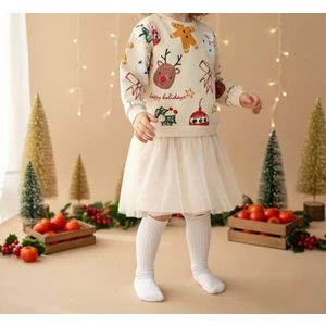 BeU Kids Kız Çocuk Tüllü ve Pamuk Astarlı Krem Rengi Sweetshirt Elbise %100 Pamuk Fırçalı Kumaş 3 Iplik Kışlık 2-8 Yaş