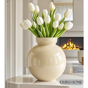 Lui Tasarım Dekoratif Özel Tasarım Modern Şık Krem Renk Vazo 22*24*11