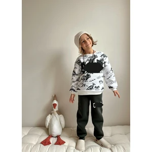 Sacro Kids Hayvan Figürlü Dijital Baskılı Şardonlu 3 Iplik Sweatshirt-Eşofman Altı Kışlık Erkek Çocuk Takım