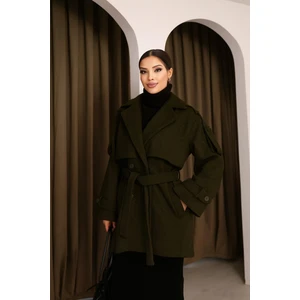 Kadın Haki Kruvaze Oversize Kuşaklı Kaşe Kaban