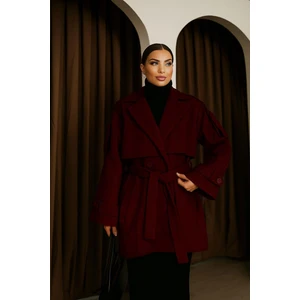 Kadın Bordo Kruvaze Oversize Kuşaklı Kaşe Kaban