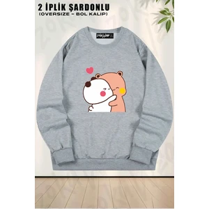 Unisex Bol Kalıp Bubu Dudu,cute Couple Cartoon Baskılı Tasarım Oversize Bisiklet Yaka Sweatshirt