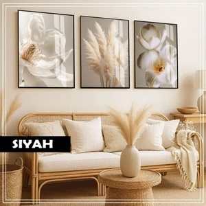 Harikabirev|soft|krem Pampas-Orkide Kombini |çerçeveli Cam Tablo  3lü Dikey