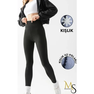 Kadın Siyah Kışlık Içi Polarlı Yüksek Bel Toparlayıcı Korseli Push-Up Günlük Tayt