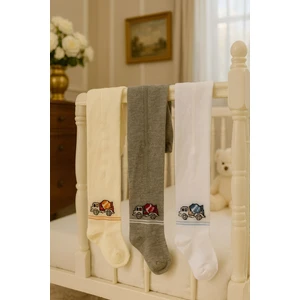 3lü Unisex Bebek & Çocuk Pamuklu Külotlu Çorap Renkli Araba Desenli