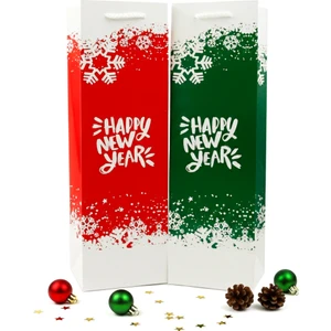 Repro Design Yılbaşı Temalı 2 Adet Yeşil-Kırmızı Happy New Year Baskılı Şişe Boy Karton Çanta, Hediye Kutusu