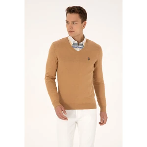 U.S. Polo Assn. Erkek Slim Fit V Yaka Camel Basic Triko Kazak 50313662-VR015