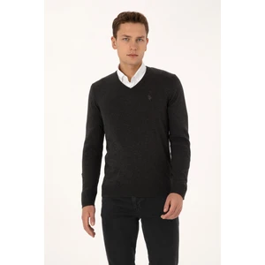 U.S. Polo Assn. Erkek Slim Fit V Yaka Antrasit  Melanj Basic Triko Kazak 50313662-VR081