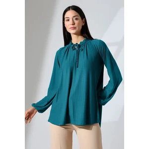Elista Kadın Fırfır Bağcıklı Damla Yaka Büzgülü Penye Jakarlı Uzun Kollu Bluz & Tesettür Bluz - Petrol
