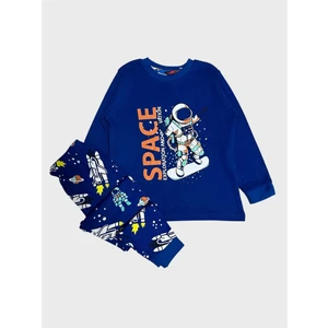 Elmas Kids Erkek Çocuk %100 Pamuklu Saks Mavisi Astronot Desenli Uzun Kollu Pijama Takımı