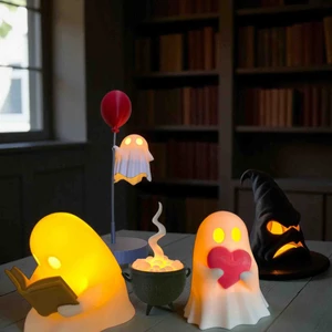 5’li LED Işıklı Hayalet ve Kazan Dekor Seti – 3D Baskı Masa Üstü Süs, Gece Lambası