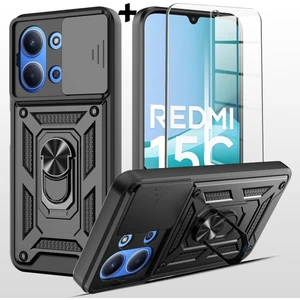 M.TK Moveteck Xiaomi Redmi 15C Kılıf Kamera Korumalı Sürgülü Yüzüklü Standlı Armor Tank Kapak + Ekran Koruyucu Cam Set