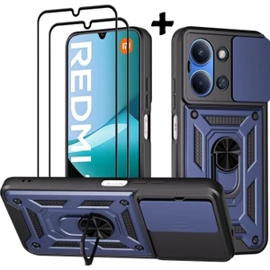 M.TK Moveteck Xiaomi Redmi 15C Kılıf Kamera Korumalı Sürgülü Yüzüklü Standlı Armor Tank Kapak + Ekran Koruyucu Cam Set