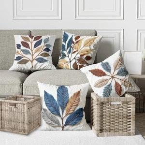 Alkan Homes 4 Lü Kombin Punch Nakış Desen Krem Zemin Yaprak Temalı Dijital Baskılı Kırlent Kılıfı