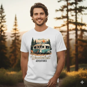 Camping Karavan Baskılı Unisex Bisiklet Yaka Pamuk Oversize T-Shirt