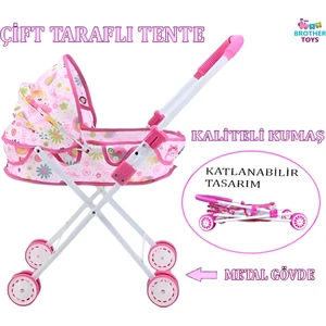 Brother Toys Yataklı ve Tenteli Kaliteli Metal Oyuncak Puset Bebek Arabası