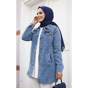 Harma Time Butik Kadın Boncuk Işlemeli Denim Kot Mavi Ceket