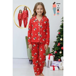 Anne Kız (Ayrı Ayrı Satılır) Kombini Ayıcık Desenli Gömlek Yaka Süet Pijama Takımı Kırmızı