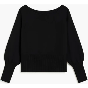 6988 Kadın Asimetrik Rib Kesim Kayık Yaka Triko Kazak Siyah