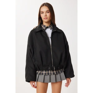 Happiness İstanbul Kemerli Kaşe Bomber Ceket LXA0022 Siyah