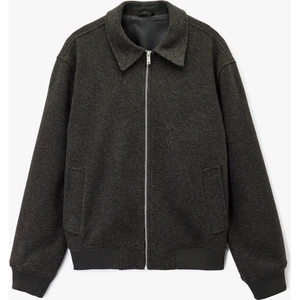 Uzun Kollu Cepli Fermuarlı Gömlek Yaka Kaşe Bomber Ceket