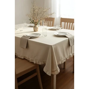 Yunusoğlu Home Fırfırlı Krem Pamuklu Masa Örtüsü – Şık ve Zarif Tasarım ( 140X140CM)