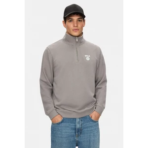 Leon Koyu Gri Yarım Fermuar Baskılı Standard Fit Erkek Sweatshirt