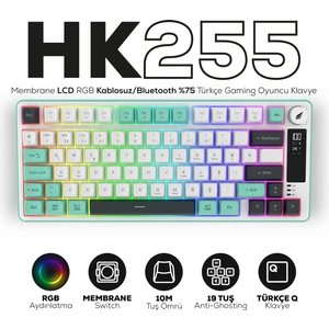 Hawk Gaming HK255 Membrane LCD Rgb Kablosuz/bluetooth Gri Yeşil %75 Türkçe Gaming Klavye