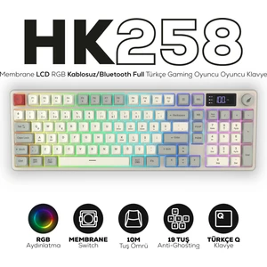 Hawk Gaming HK258 Membrane LCD Rgb Kablosuz/bluetooth Kırmızı Haki Full Türkçe Gaming Klavye