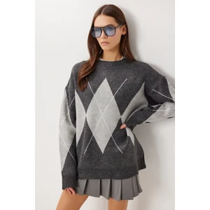 Happiness İstanbul Baklava Desenli Oversize Triko Kazak LFN0130 Antrasit Gri