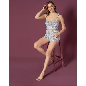 Sude Homewear Sude Kadın Ip Askılı Fırfırlı Şort Desenli Mavi Pijama Takımı