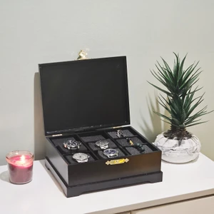 Tekir Store Ahşap 9 Bölmeli Saat Kutusu Dekoratif Siyah Saat Aksesuar Saklama Kutusu Organizer