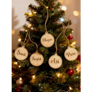 Bak Gel Al Bakgelal Ahşap Yılbaşı Ağacı Dilek Süsü Seti 5’li | Aşk, Sağlık, Para, Şans, Huzur Temalı Doğal Ahşap Yeni Yıl Ağaç Süsü