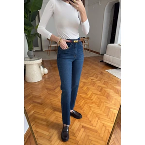 Kesik Paça Boyfit Jean- Koyu Mavi