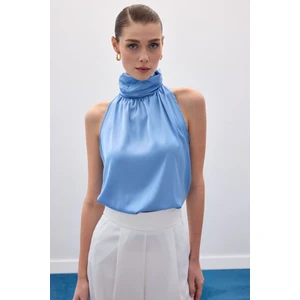 Boğazlı Kolsuz Bluz - Mavi