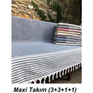 Pamuklu Kaymaz Hasır Dokuma Kolları Örten Koltuk Örtüsü Maxi Takım-Koyu Gri Yeni